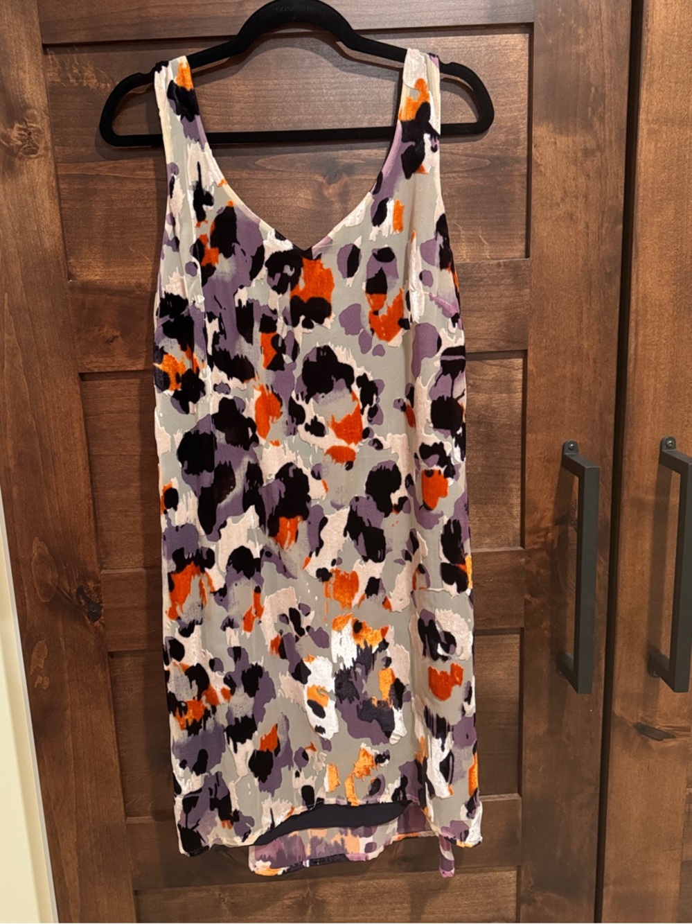 CAbi White Slip Dress with Purple, Orange and Black Abstract Print